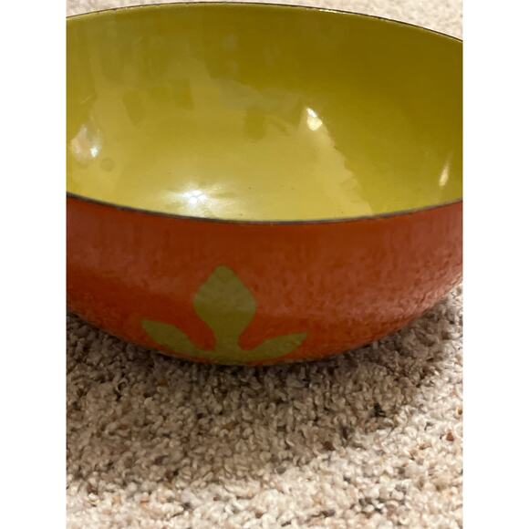 "Vintage MCM Hanova of Pasadena Enamelware Bowl Orange Chartreuse Green 8" RARE - Picture 5 of 15
